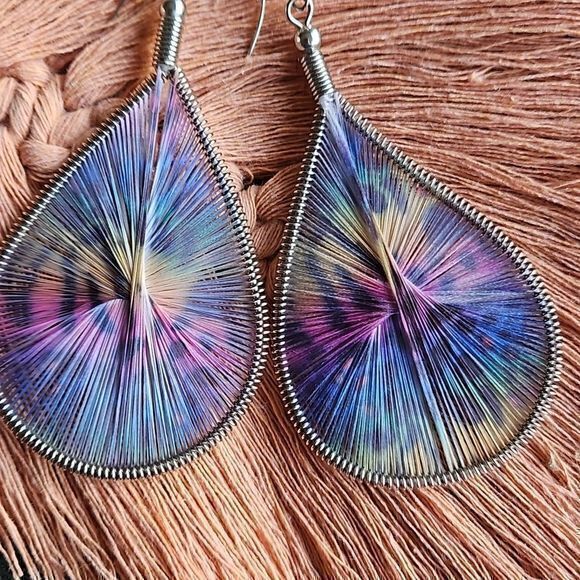 Large Teardrop Dangling Multicolor String Wrapped Earrings - Picture 8 of 14